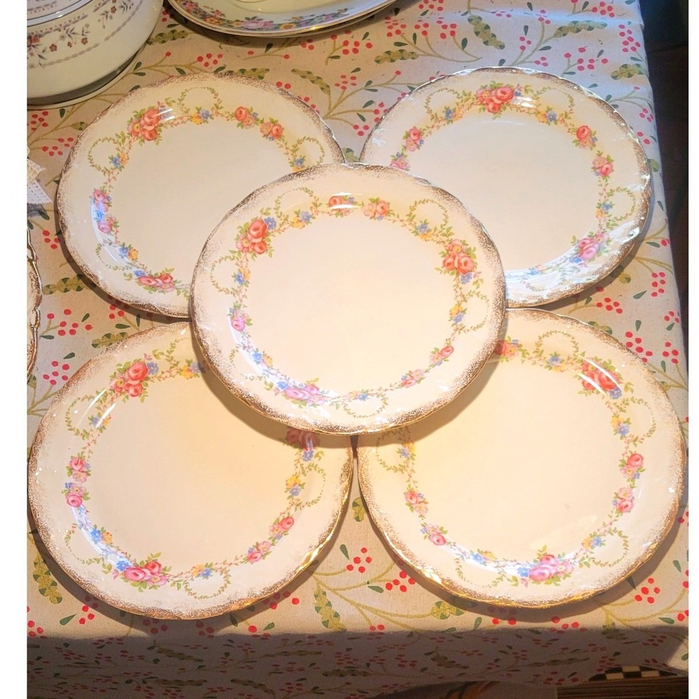 Vernonware California Gold Trim Floral Dinner Plates Set of 5 Vintage